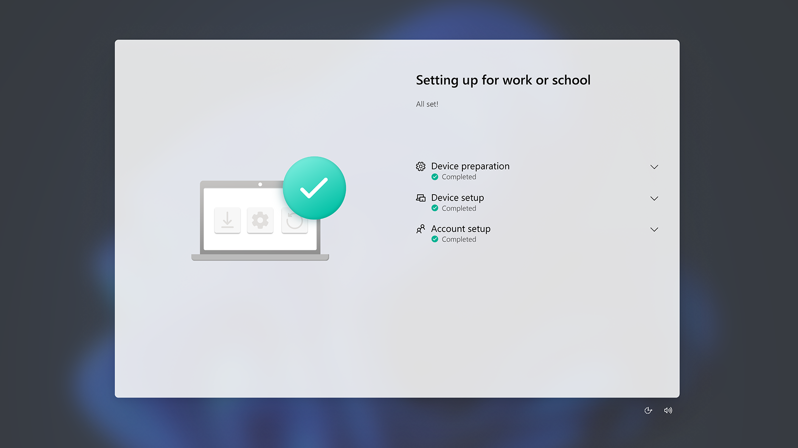 An illustrated laptop and a few setup options, including, “Device protection,” “Device setup,” and “Account setup”