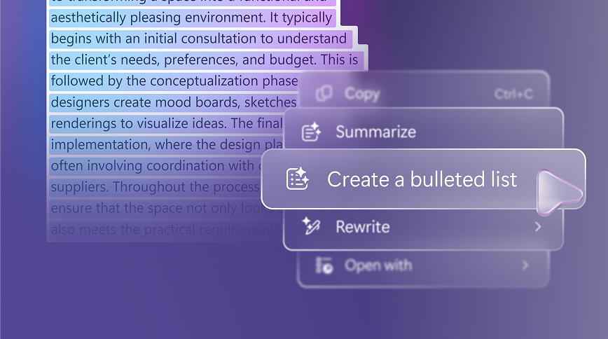 A list of action options from an on-screen menu, one of them reading, “Create a bulleted list”