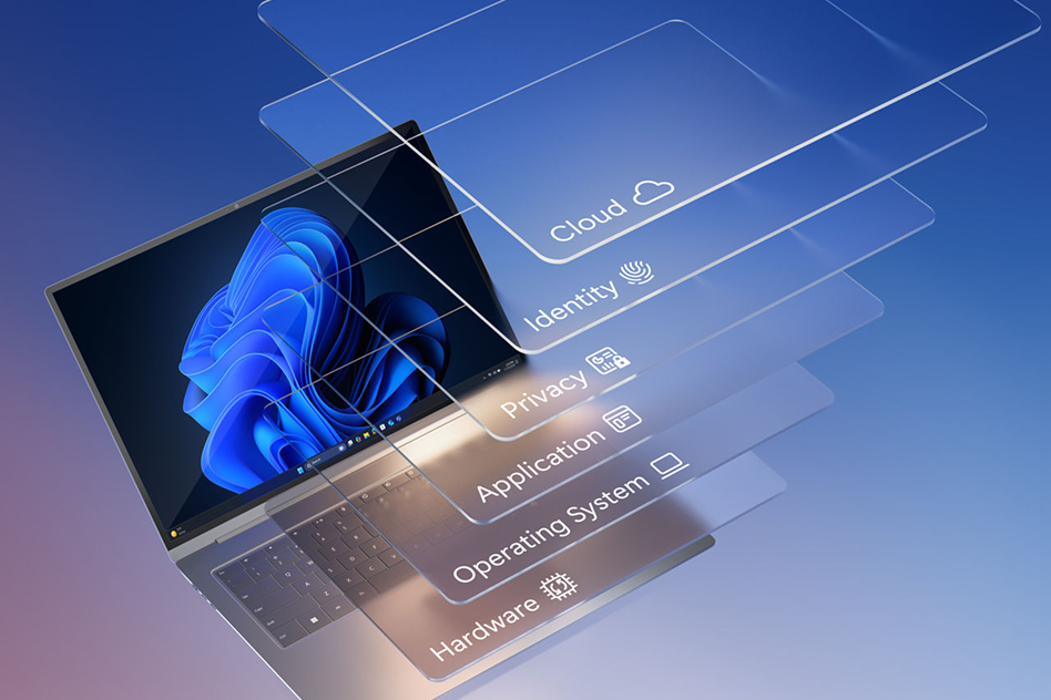 An open laptop with several virtual security layers over it, reading, “Cloud,” “Identity,” “Privacy, “Application,” “Operating System,” and “Hardware”