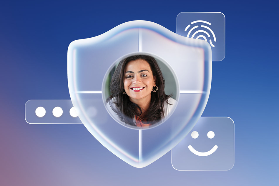 A smiling woman, overlaying several icons for Microsoft identity and access products