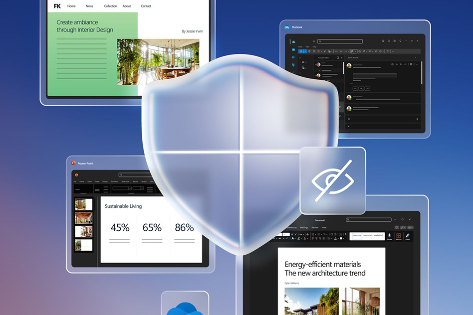 Several desktop screens, overlayed by the Microsoft Defender logo