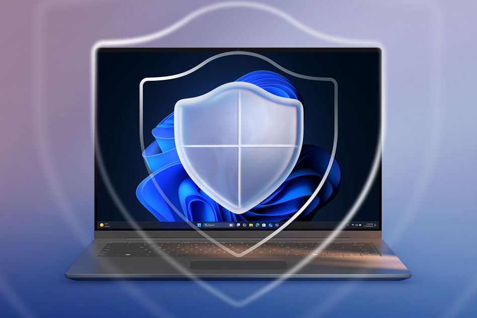 An open laptop screen, overlayed by the Microsoft Defender logo