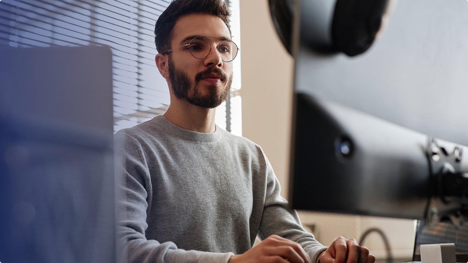 Close up of man looking at screen